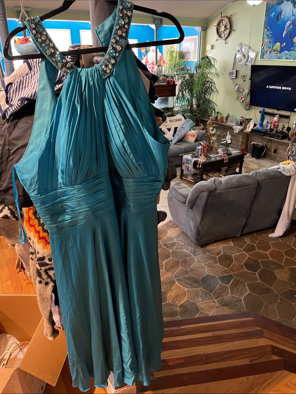 Teal Beaded Halter Chiffon Dress